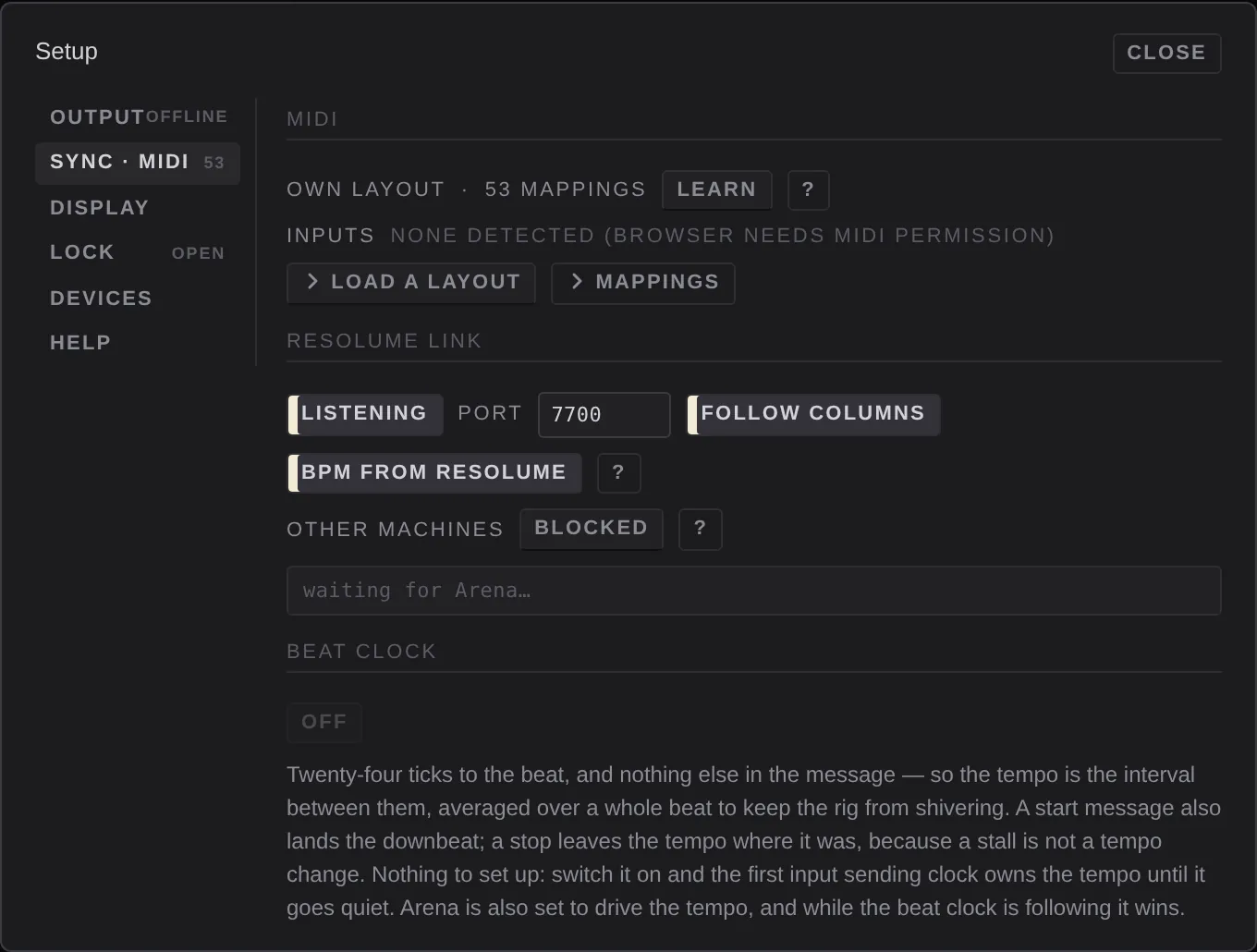 Settings, Sync and MIDI: MIDI summary and learn, inputs, the Resolume link and the beat clock