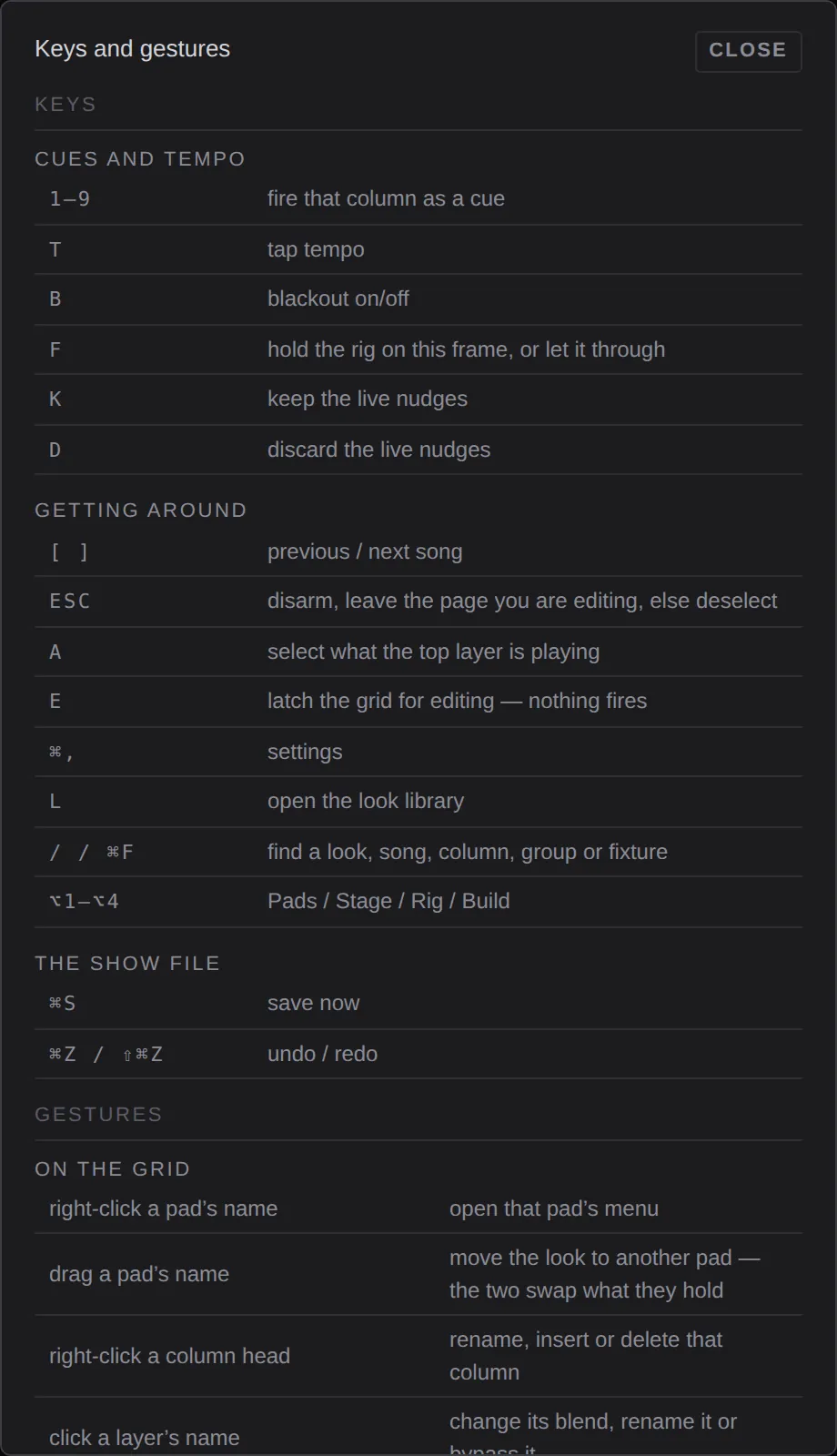 The Keys and gestures sheet