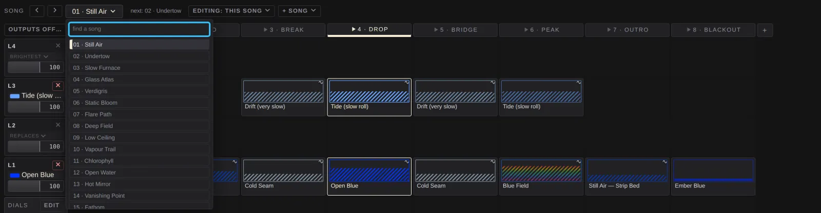 The song list open, with a find field and the twenty demo songs