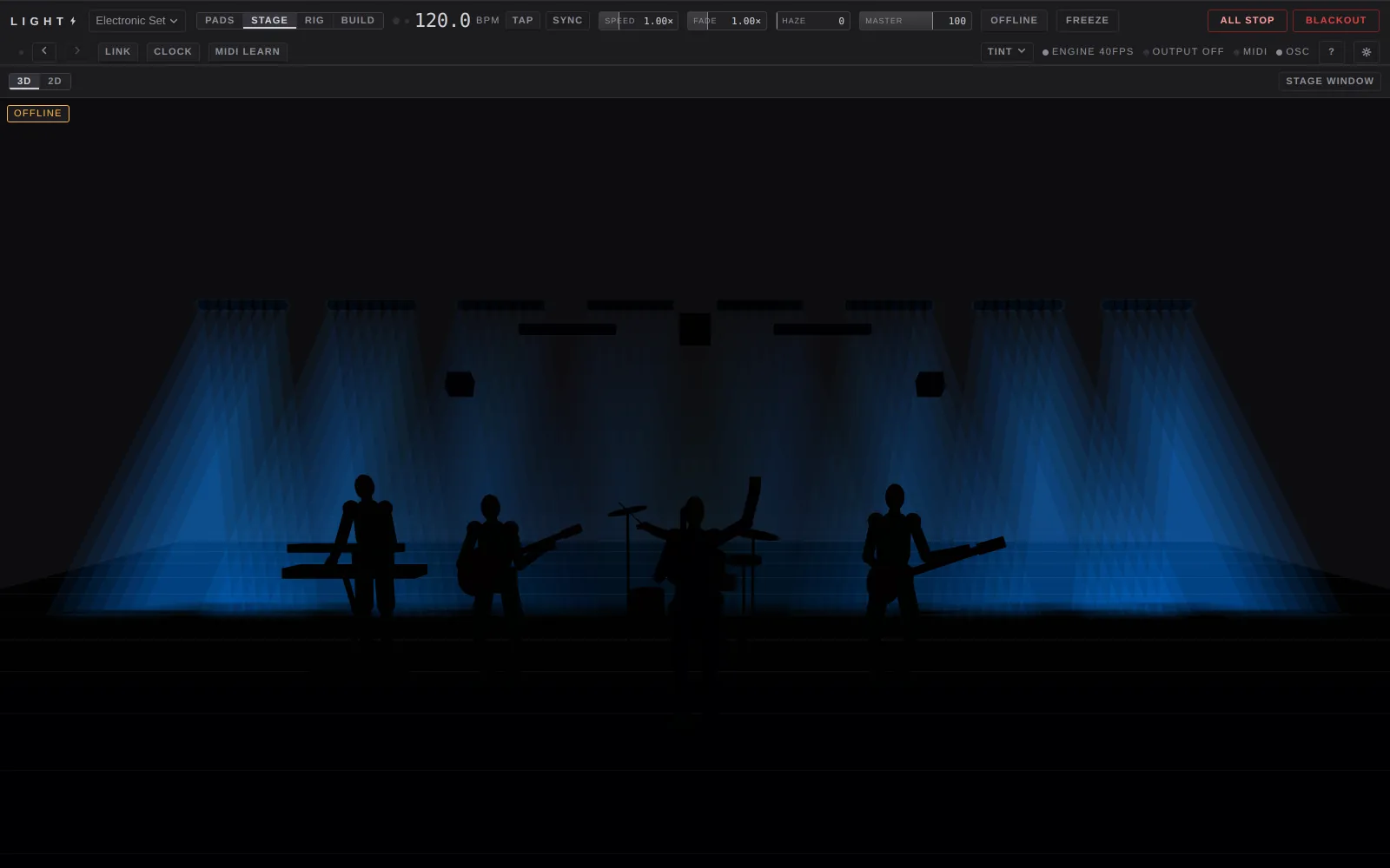 The Stage view in 3D: blue beams through haze over the band figures