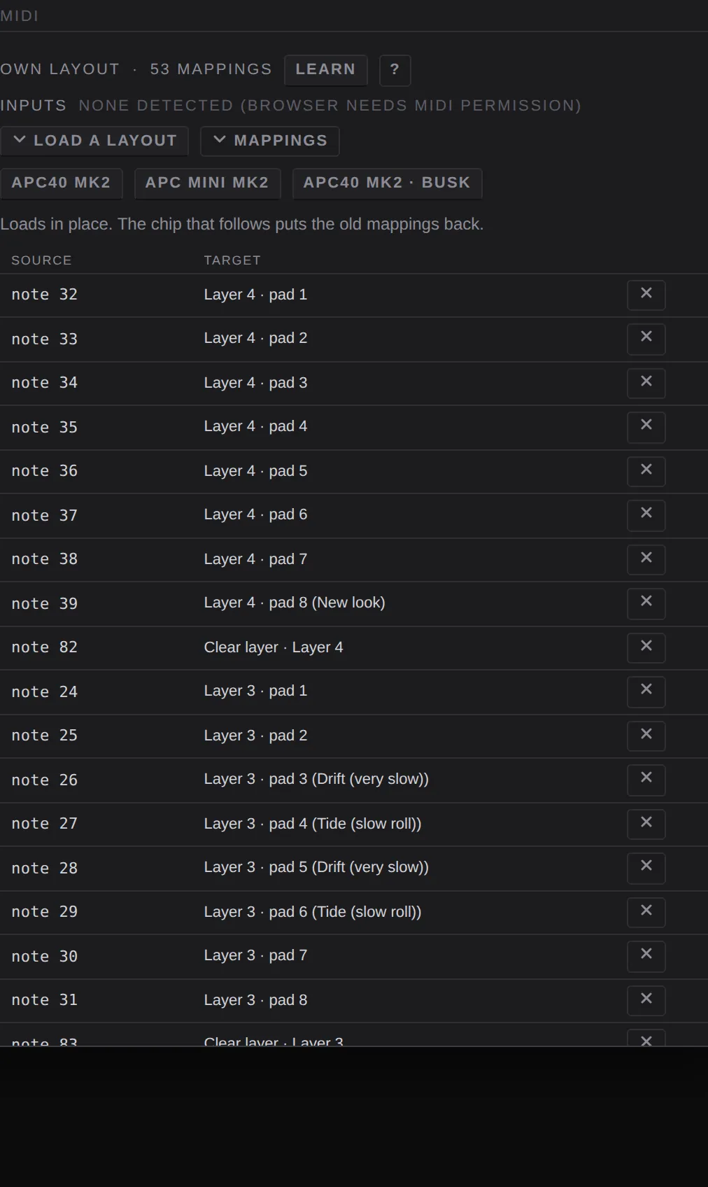 The controller layouts and the mappings table opened