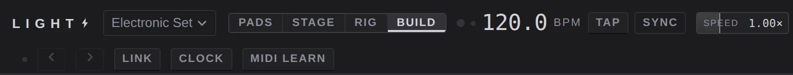 Left half of the top bar: wordmark, project menu, views, tempo, tap, sync, speed
