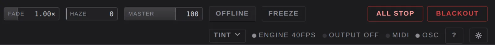 Right half of the top bar: fade, haze, master, offline, freeze, all stop, blackout, and the status line