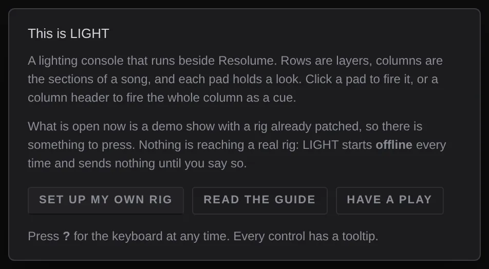 The first-run card: Set up my own rig, Read the guide, Have a play