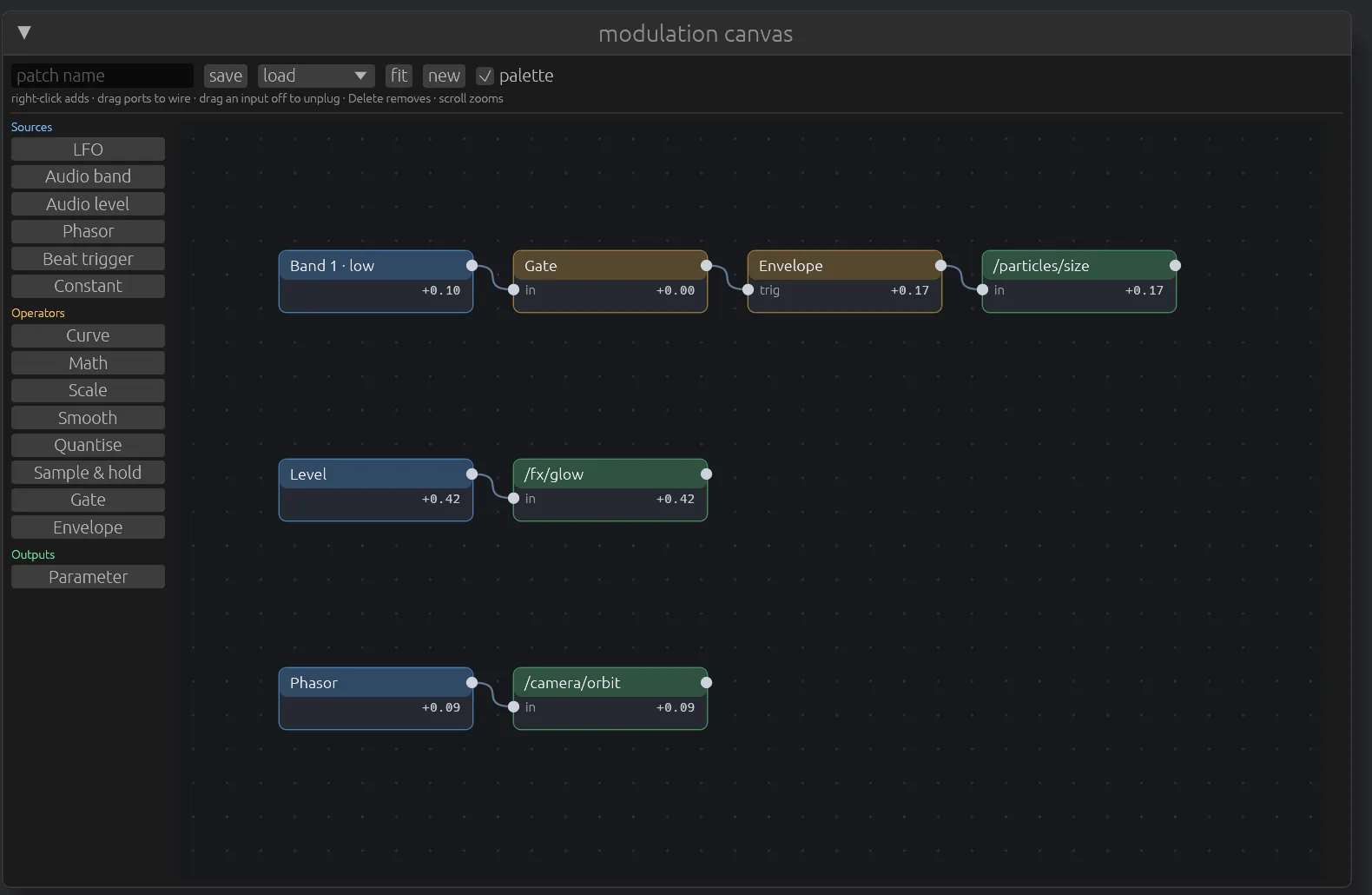 The modulation canvas with the Breathe patch loaded: band 1 through a gate and an envelope into particle size, the audio level into glow, and a phasor into the camera orbit, with the node palette on the left and the toolbar across the top