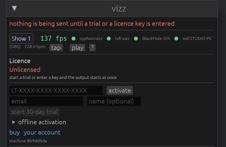 The control panel of a copy with no licence: the red line saying nothing is being sent, and the Licence section with the key field, the email and name fields, the trial button and offline activation