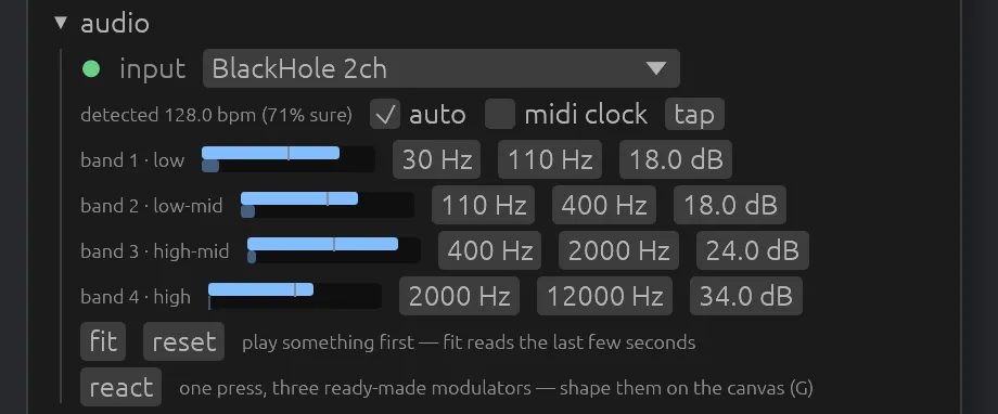 The audio section with BlackHole 2ch chosen, the detected tempo, and the four band meters moving
