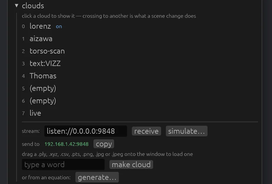 The clouds section: the list of cloud slots with lorenz on screen, the stream field set to listen on port 9848 with receive and simulate, the send-to address with copy, the type a word field and the generate menu