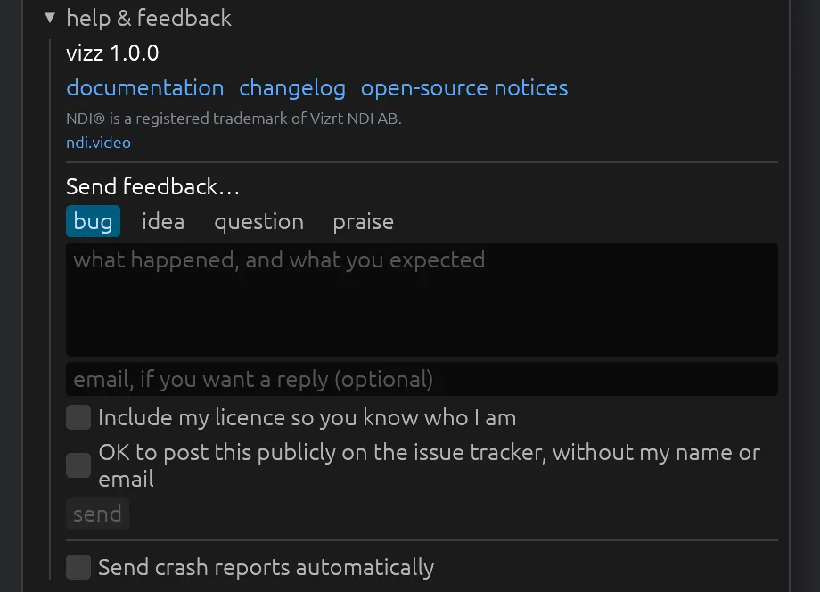 The help and feedback section: vizz 1.0.0, documentation, changelog and open-source notices links, the feedback form with bug, idea, question and praise, and the send crash reports automatically box