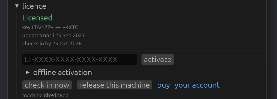 The licence section of a licensed copy: Licensed, the masked key, updates until and checks in by dates, the key field, offline activation, check in now, release this machine, buy and your account