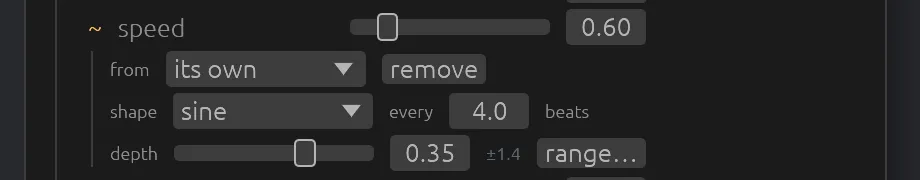 The modulator editor open under speed: from its own, shape sine every 4 beats, depth 0.35 with range