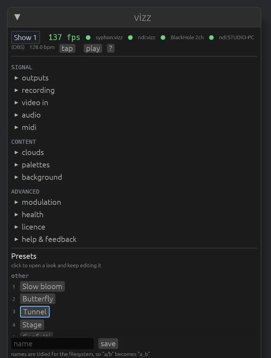 The control panel with every section folded: the status strip, the SIGNAL, CONTENT and ADVANCED sections, the preset list and the start of the parameter list