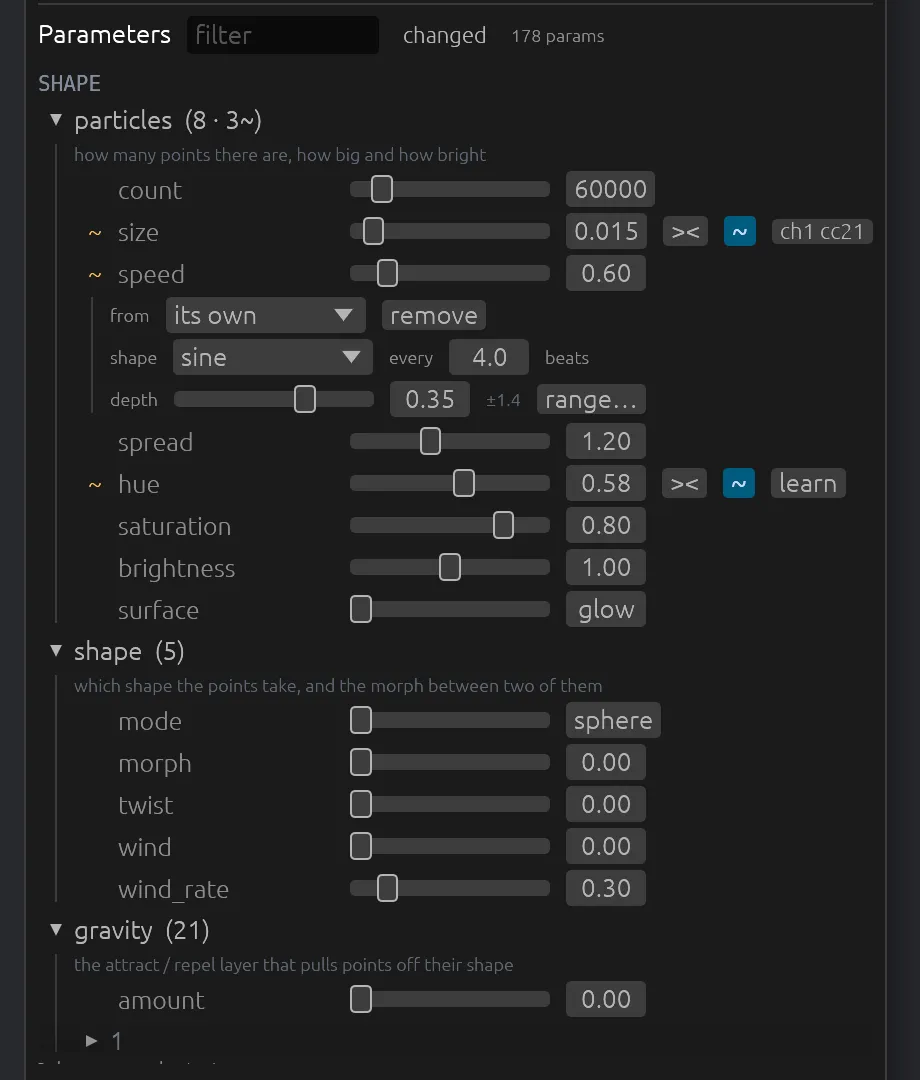 The parameter list: the filter field, the changed toggle and 178 params, the particles group open with count, size, speed and hue rows, speed's modulator open, and the shape and gravity groups