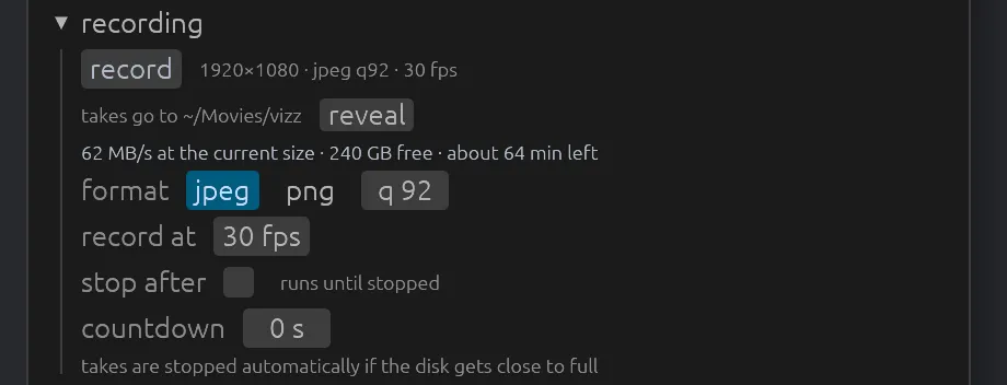 The recording section: the record button, the takes folder with reveal, the cost line, format jpeg or png with quality 92, record at 30 fps, stop after, countdown