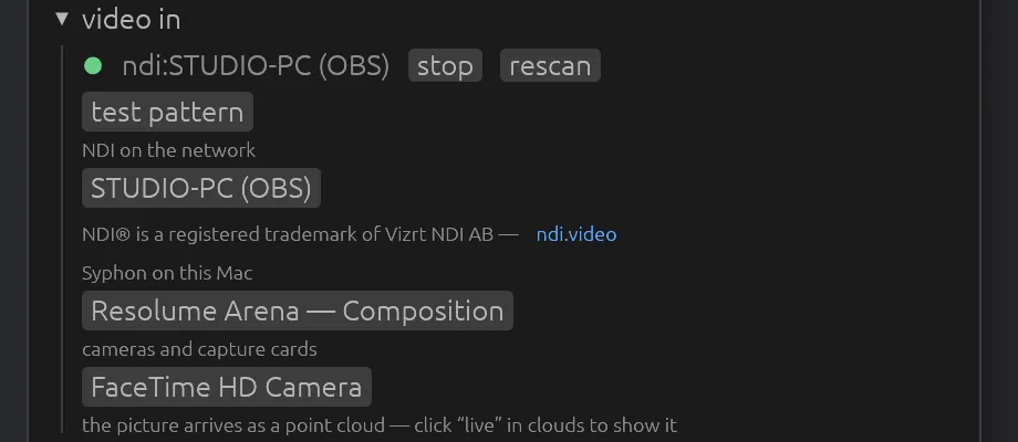 The video in section: an NDI source connected with stop and rescan, the test pattern button, and lists of NDI senders, Syphon servers and cameras
