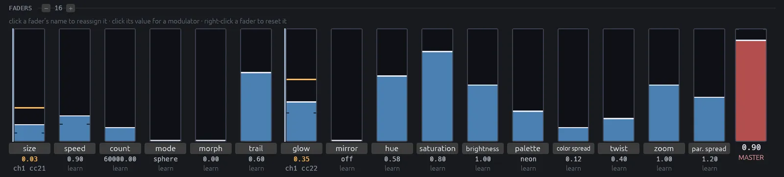 Sixteen faders: size, speed, count, mode, morph, trail, glow, mirror, hue, saturation, brightness, palette, color spread, twist, zoom and particle spread, with values and MIDI bindings below, and the red master fader on the right