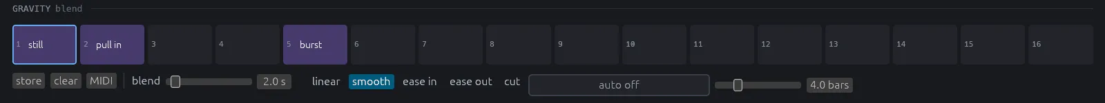 The gravity row: pads still, pull in and burst filled, then the store, clear and MIDI buttons, blend 2.0 s, the curves, auto off and 4.0 bars