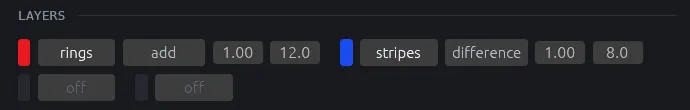 Two vector layers: red rings, add, opacity 1.00, frequency 12.0, and blue stripes, difference, 1.00, 8.0, with two empty layers below