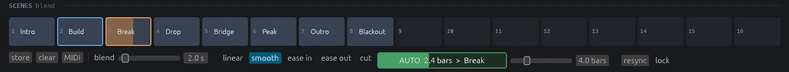 The scene row: named pads, one blending in, and the store, clear and MIDI buttons, blend time, curves and autopilot below