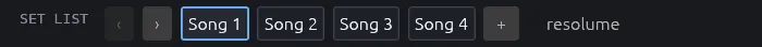 The set list: previous and next buttons, Song 1 to Song 4 with Song 1 selected, the + button and the resolume switch
