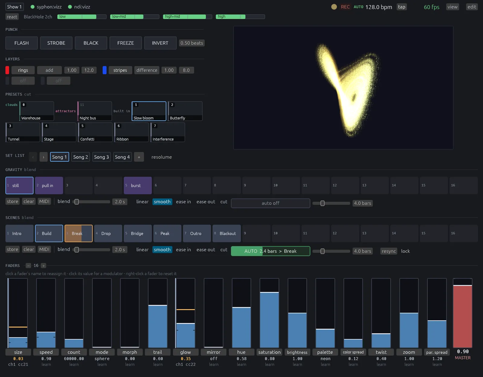 The performance layout: the status and audio strips across the top, the punch buttons, two vector layers and the preset tiles on the left, the output on the right, then the set list, the gravity and scene pad rows, and sixteen faders with the master at the end
