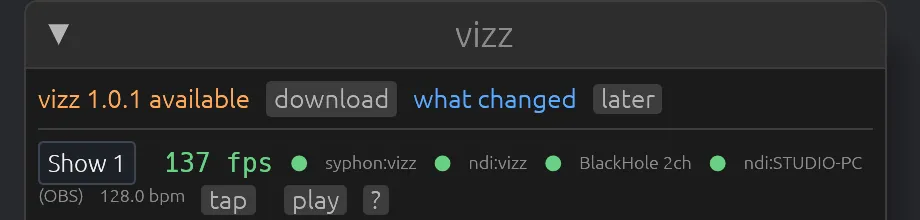 The update banner at the top of the panel, with download, what changed and later