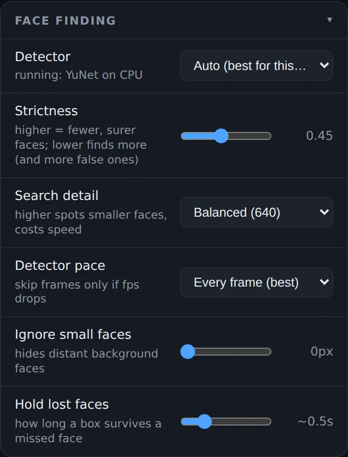 The Face finding card: Detector Auto with 'running: YuNet on CPU', Strictness 0.45, Search detail Balanced (640), Detector pace Every frame, Ignore small faces 0px, Hold lost faces about 0.5 s