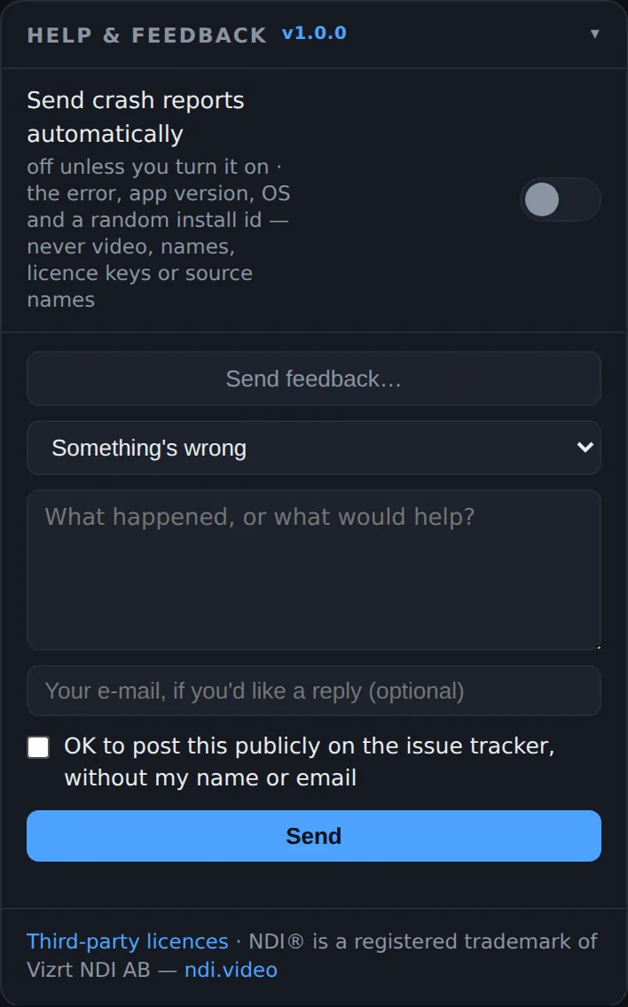 The Help and feedback card, v1.0.0: Send crash reports automatically off, and the open feedback form with type, message, e-mail and the public-posting box