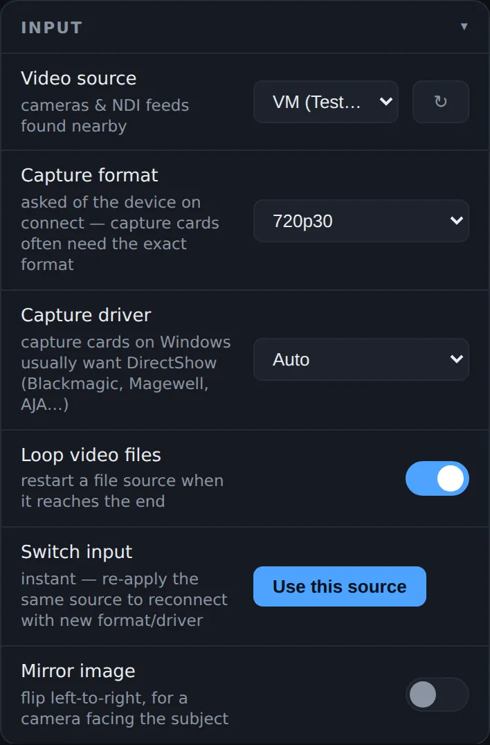 The Input card with an NDI source picked in Video source, Capture format 720p30, Capture driver Auto, Loop video files on, the Use this source button and Mirror image off
