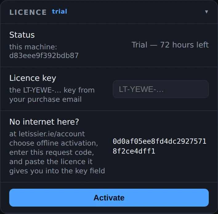 The Licence card during the trial: status, this machine's id, the licence key field, the request code for offline activation, and Activate