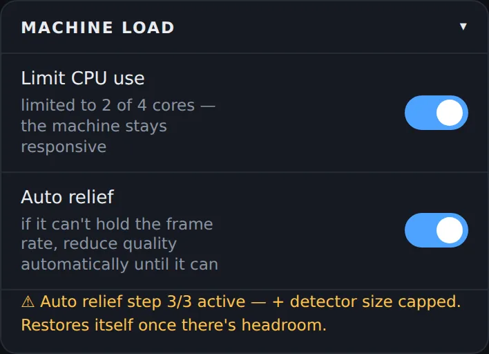 The Machine load card: Limit CPU use on, 'limited to 2 of 4 cores', Auto relief on, and the note 'Auto relief step 2/3 active — + face finding every other frame'