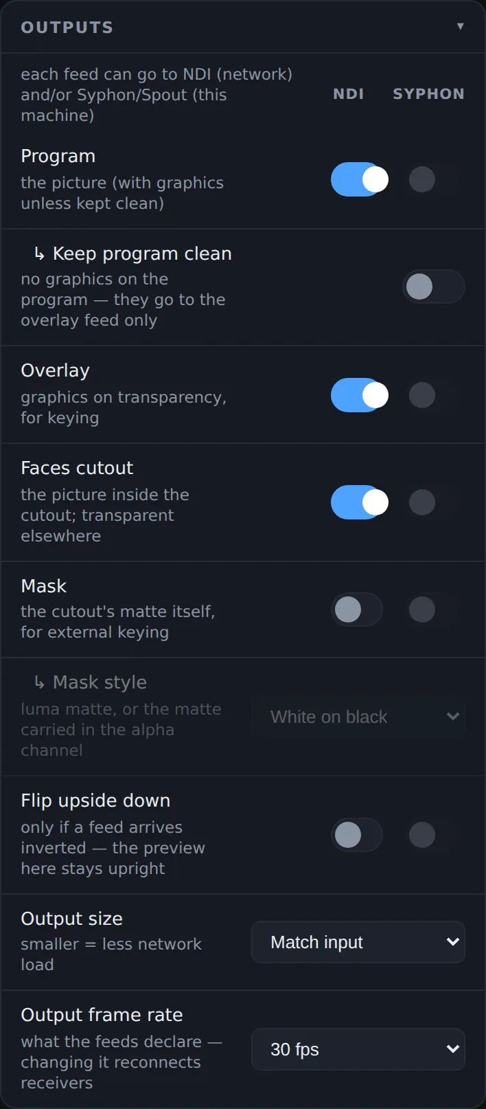 The Outputs card: NDI and Syphon columns of switches for Program, Keep program clean, Overlay, Faces cutout, Mask and Mask style, then Flip upside down, Output size Match input and Output frame rate 30 fps