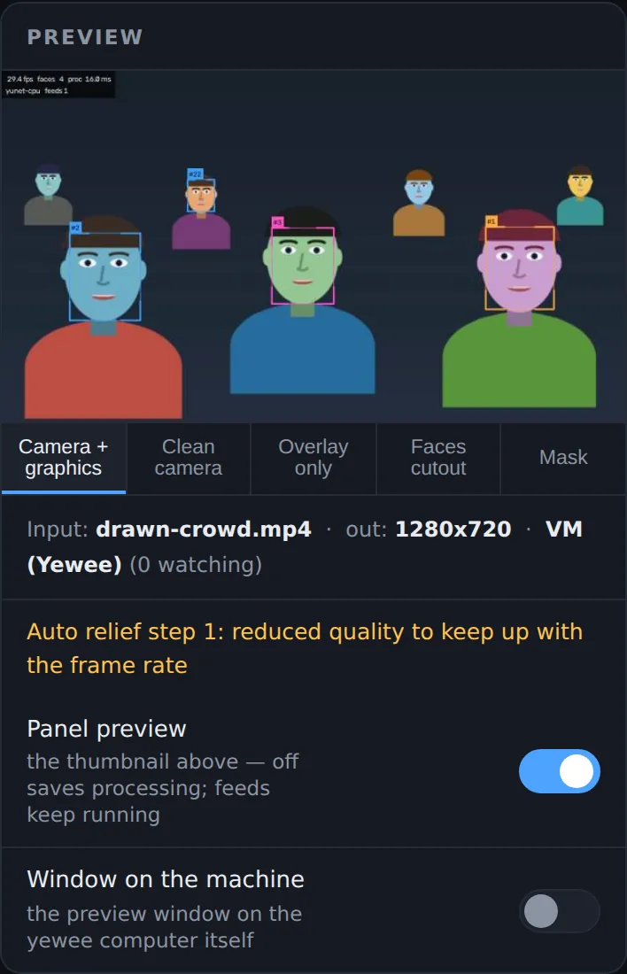 The Preview card: a drawn crowd with numbered boxes and a stats readout, the five view tabs, the feed line, an amber Auto relief message, and the Panel preview and Window on the machine switches