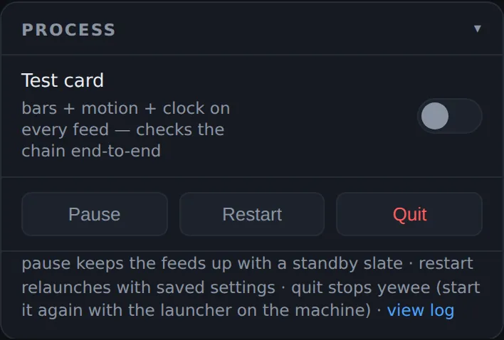 The Process card: the Test card switch, Pause, Restart and Quit buttons, and the view log link