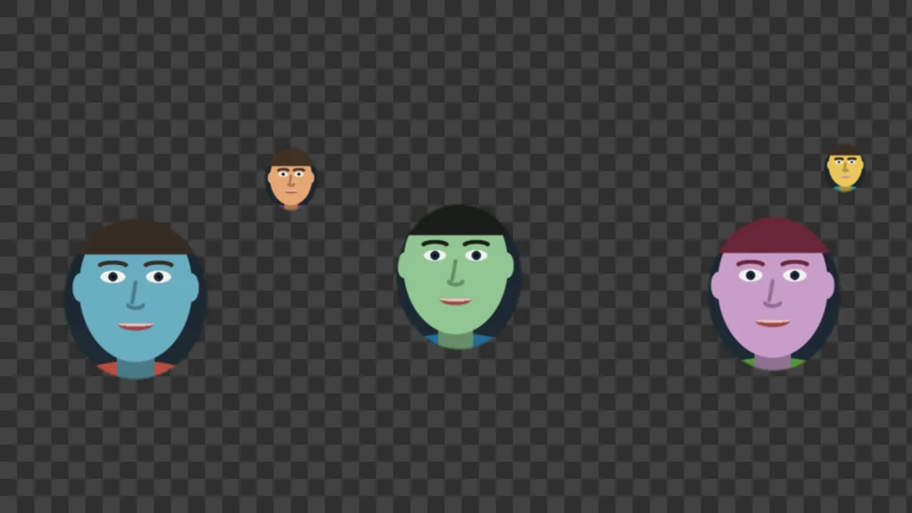The Faces cutout feed over a grey checkerboard: each drawn head in its own rectangle of picture, with everything between them transparent