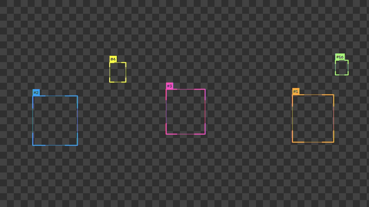 The Overlay feed over a grey checkerboard: coloured boxes and number badges alone, with nothing else in the frame
