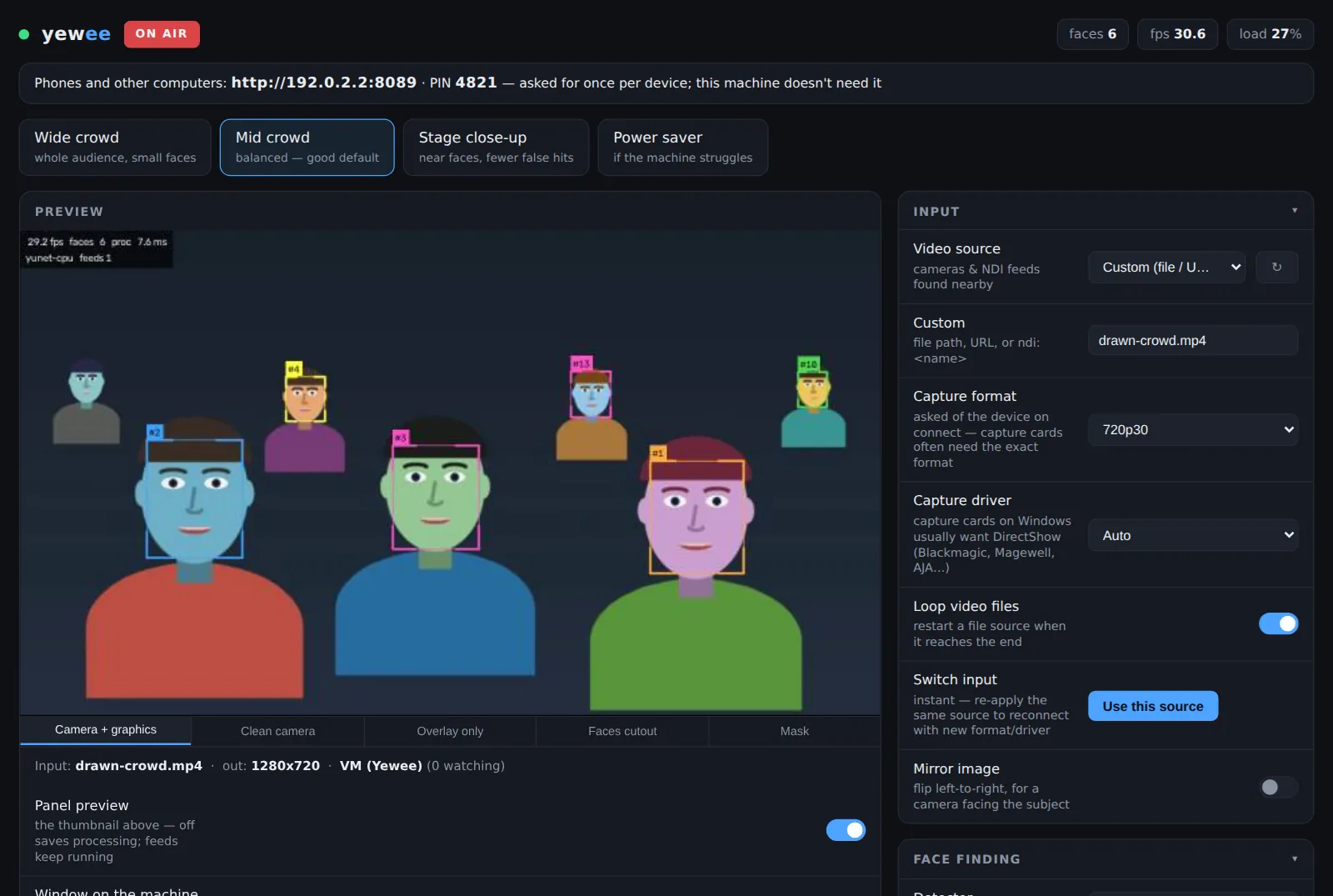 The whole control panel in a laptop browser on the Yewee machine: header, phone address and PIN, presets, the preview of a drawn crowd with numbered boxes, and the Input and Face finding cards