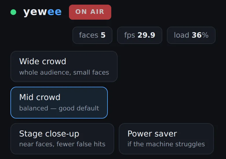 The header on a phone: green connection dot, ON AIR pill, faces 5, fps and load chips, and the four presets