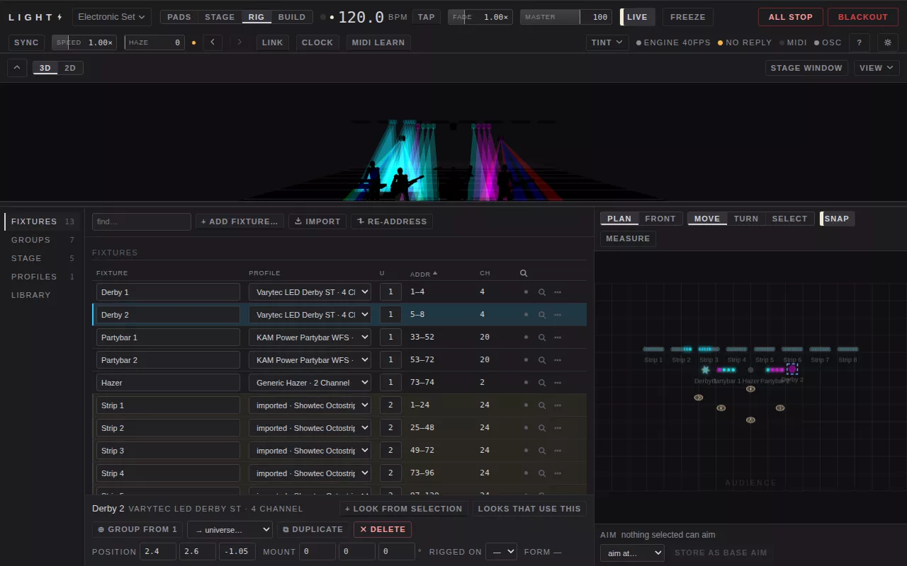 The Rig view: every fixture with its profile, universe and DMX address beside the 2D plan.